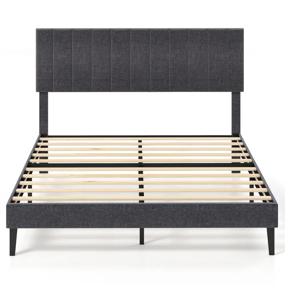 Velvet Upholstered Platform Bed with Height Adjustable Vertical Channel Headboard-Queen Size - Beds & Bed Frames