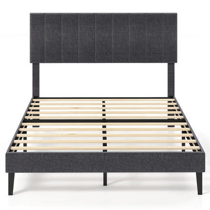 Velvet Upholstered Platform Bed with Height Adjustable Vertical Channel Headboard-Full Size - Beds & Bed Frames