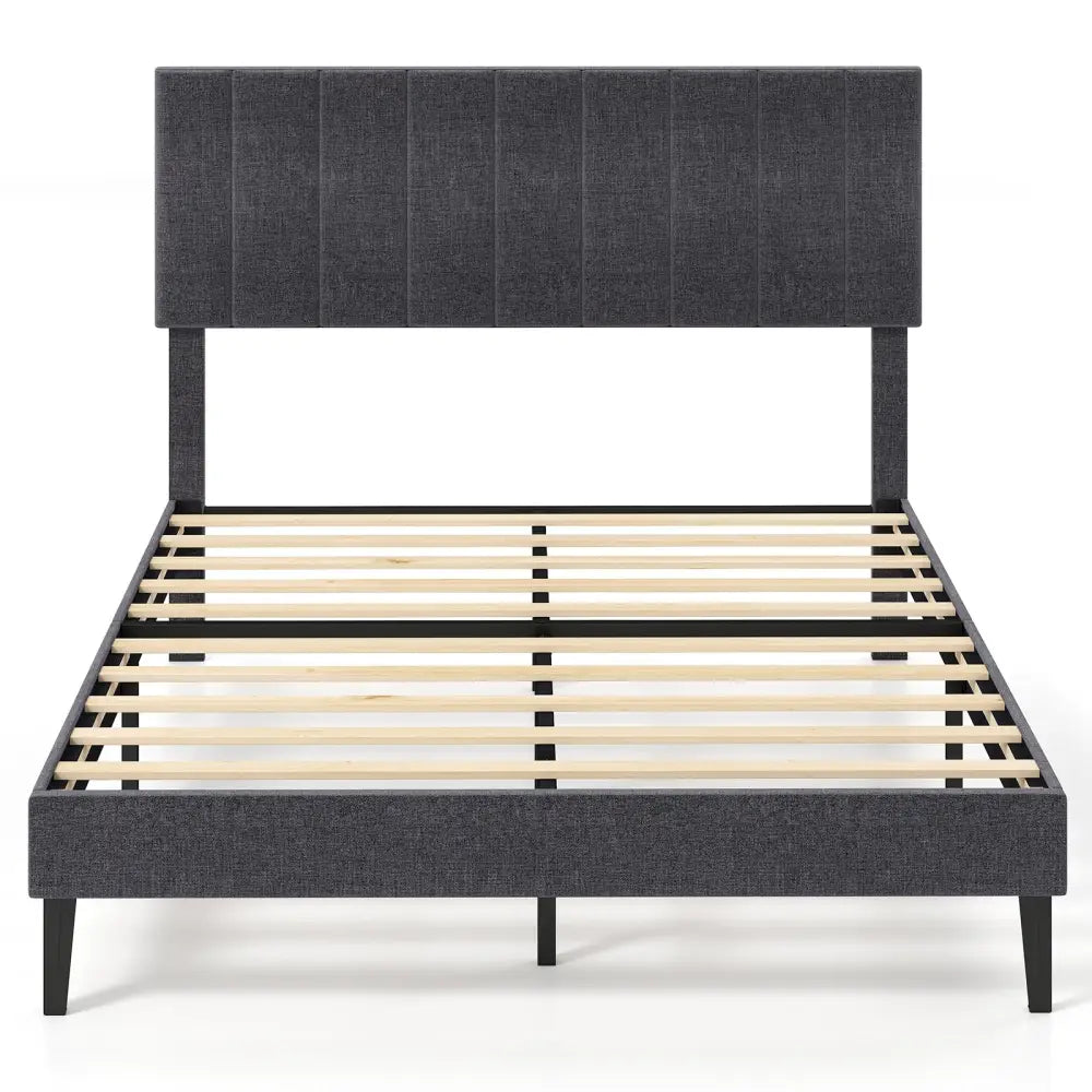 Velvet Upholstered Platform Bed with Height Adjustable Vertical Channel Headboard-Full Size - Beds & Bed Frames