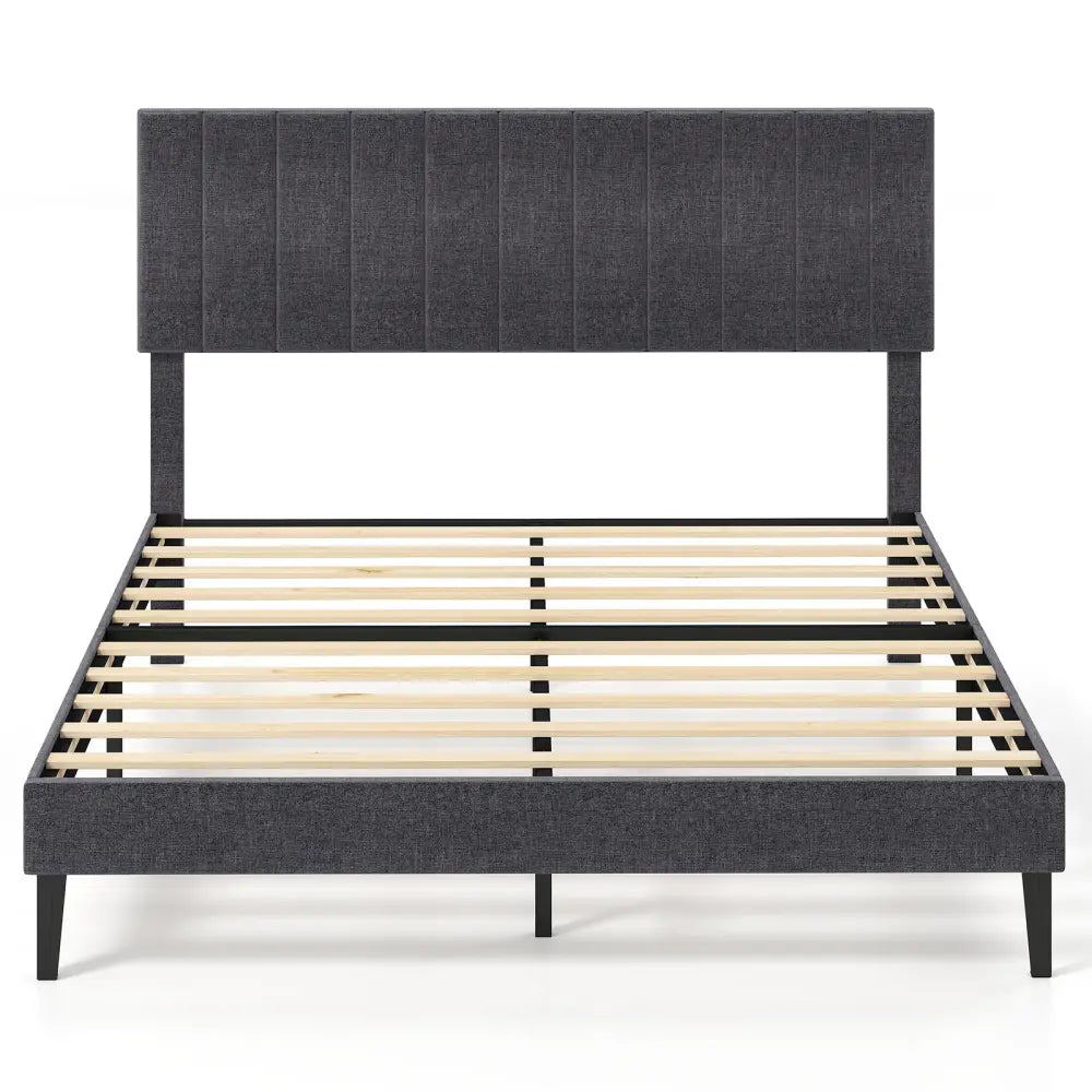 Velvet Upholstered Platform Bed with Height Adjustable Vertical Channel Headboard-Queen Size - Beds & Bed Frames