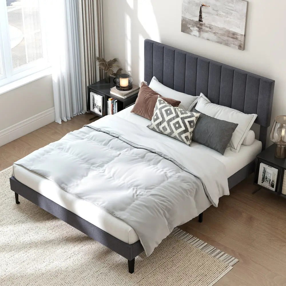 Velvet Upholstered Platform Bed with Height Adjustable Vertical Channel Headboard-Queen Size - Beds & Bed Frames