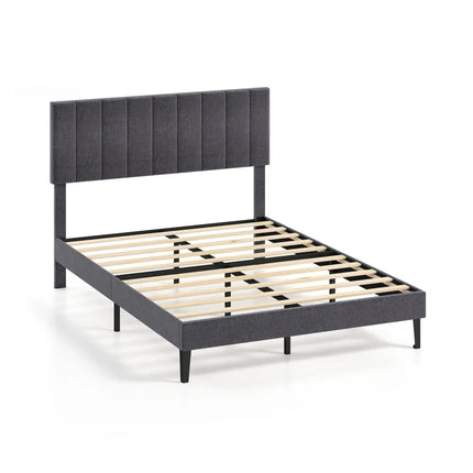 Velvet Upholstered Platform Bed with Height Adjustable Vertical Channel Headboard-Full Size - Beds & Bed Frames