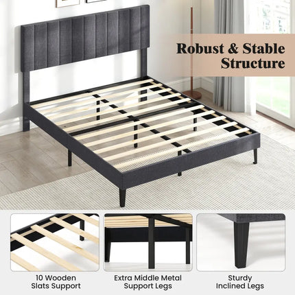 Velvet Upholstered Platform Bed with Height Adjustable Vertical Channel Headboard-Queen Size - Beds & Bed Frames