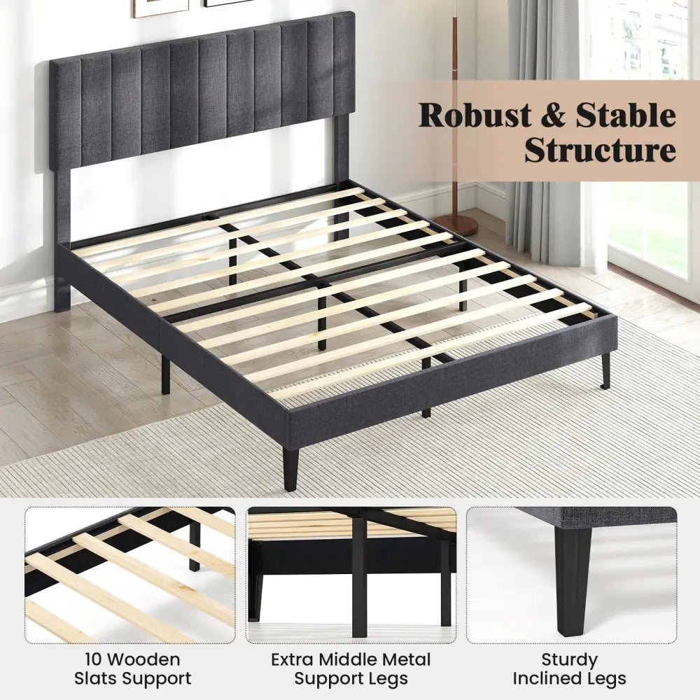 Velvet Upholstered Platform Bed with Height Adjustable Vertical Channel Headboard-Queen Size - Beds & Bed Frames