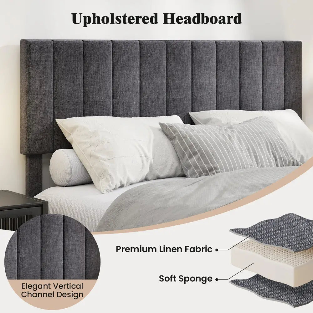 Velvet Upholstered Platform Bed with Height Adjustable Vertical Channel Headboard-Queen Size - Beds & Bed Frames