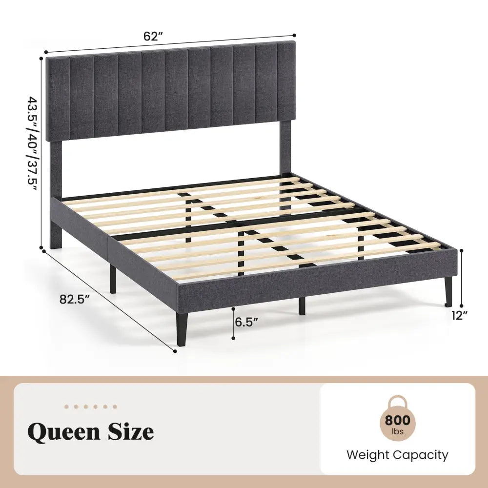 Velvet Upholstered Platform Bed with Height Adjustable Vertical Channel Headboard-Queen Size - Beds & Bed Frames