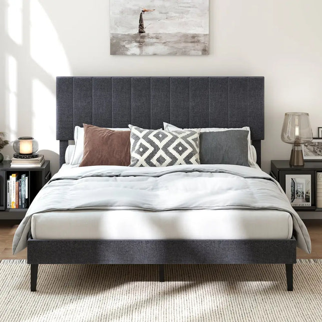 Velvet Upholstered Platform Bed with Height Adjustable Vertical Channel Headboard-Queen Size - Beds & Bed Frames