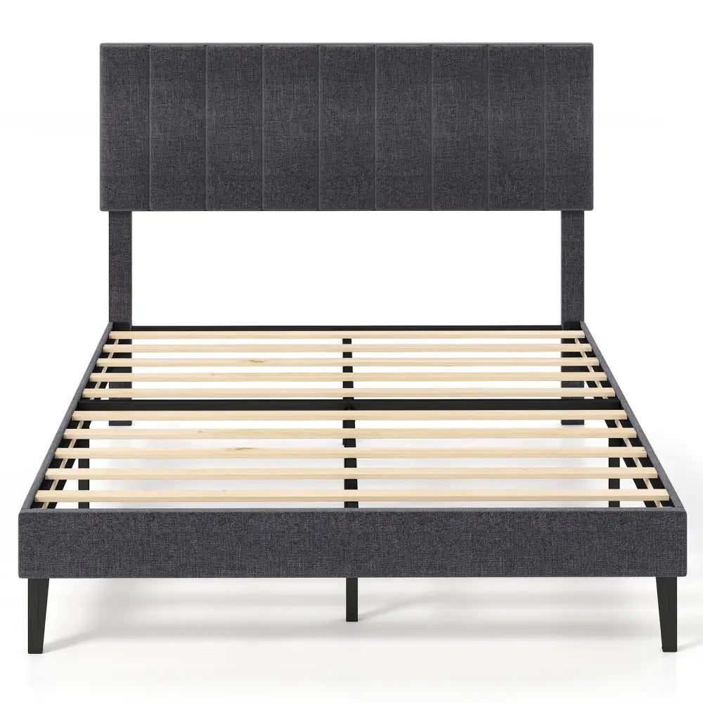 Velvet Upholstered Platform Bed with Height Adjustable Vertical Channel Headboard-Full Size - Beds & Bed Frames