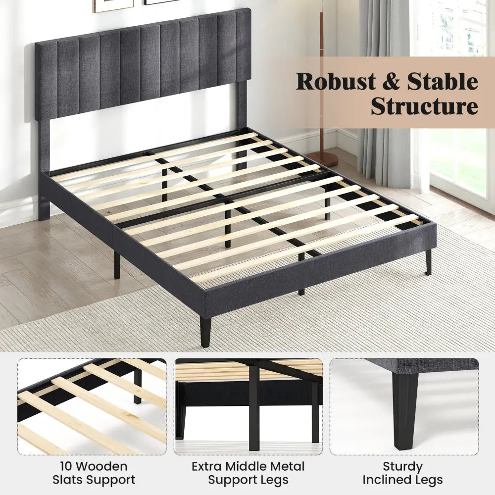 Velvet Upholstered Platform Bed with Height Adjustable Vertical Channel Headboard-Queen Size - Beds & Bed Frames