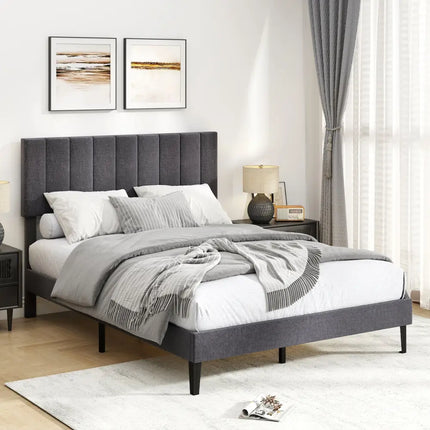 Velvet Upholstered Platform Bed with Height Adjustable Vertical Channel Headboard-Full Size - Beds & Bed Frames