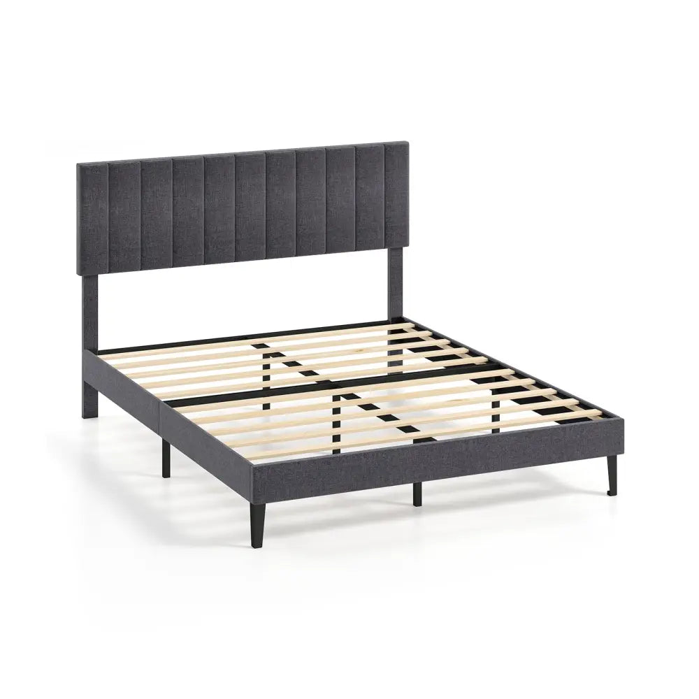 Velvet Upholstered Platform Bed with Height Adjustable Vertical Channel Headboard-Queen Size - Beds & Bed Frames