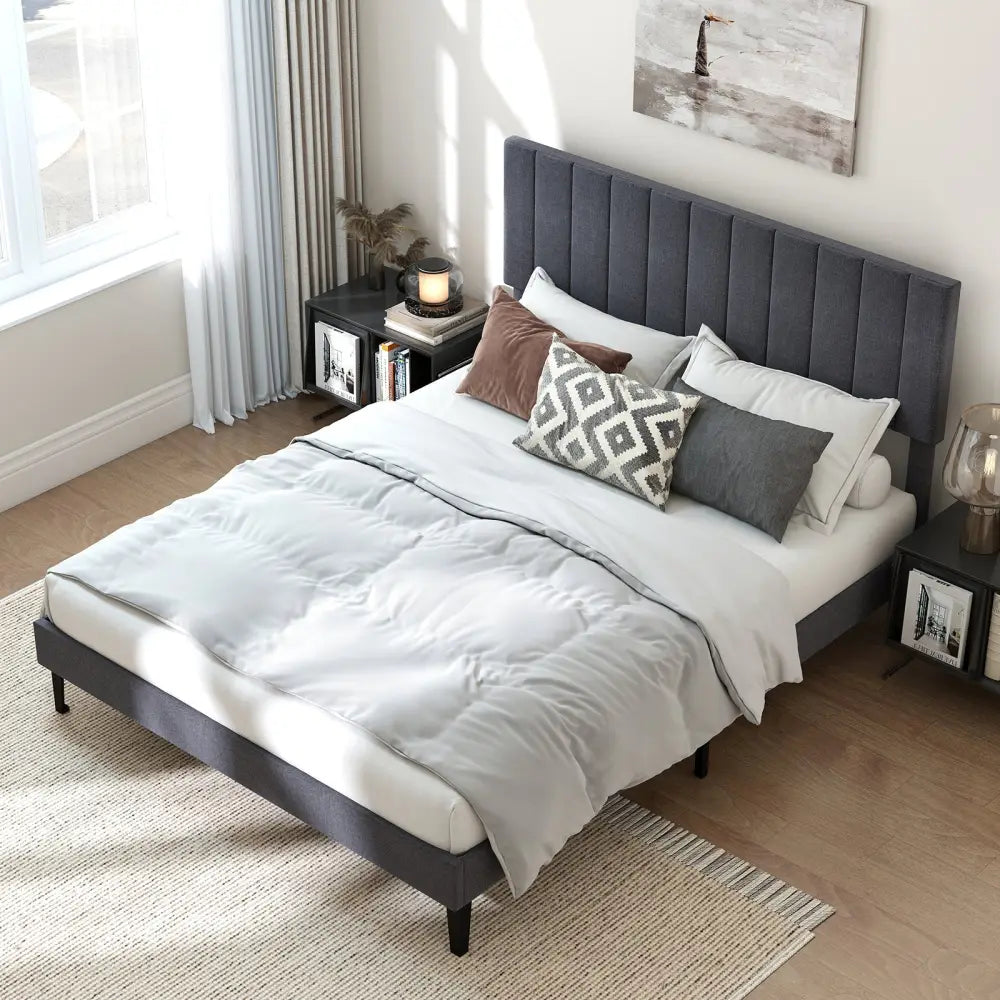 Velvet Upholstered Platform Bed with Height Adjustable Vertical Channel Headboard-Queen Size - Beds & Bed Frames