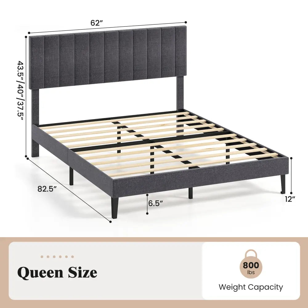 Velvet Upholstered Platform Bed with Height Adjustable Vertical Channel Headboard-Queen Size - Beds & Bed Frames