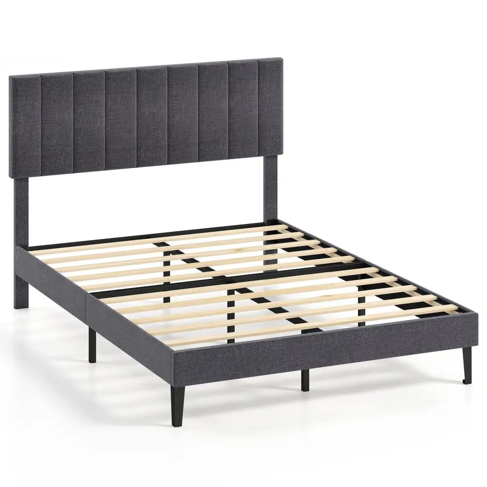 Velvet Upholstered Platform Bed with Height Adjustable Vertical Channel Headboard-Full Size - Beds & Bed Frames