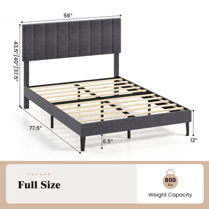 Velvet Upholstered Platform Bed with Height Adjustable Vertical Channel Headboard-Full Size - Beds & Bed Frames
