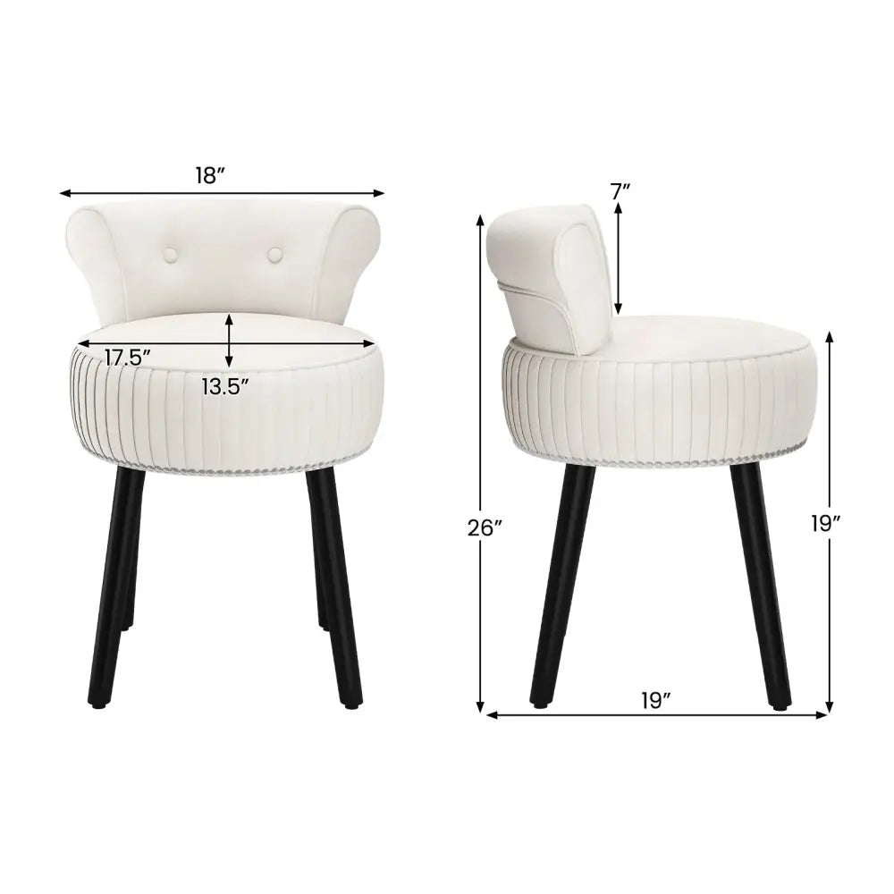 Velvet Vanity Chair with Back Upholstered Vanity Stool with Tufted Low Back and Solid Wood Legs-White - White - Makeup