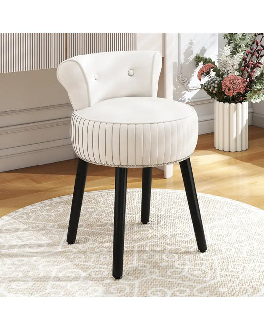 Velvet Vanity Chair with Back Upholstered Vanity Stool with Tufted Low Back and Solid Wood Legs-White - White - Makeup