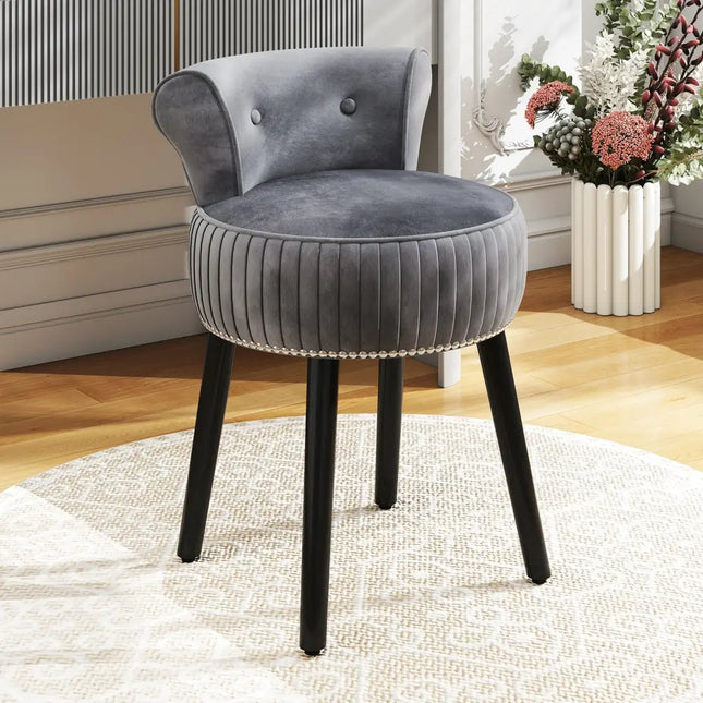 Velvet Vanity Chair with Back Upholstered Vanity Stool with Tufted Low Back and Solid Wood Legs-Gray - Gray - Makeup