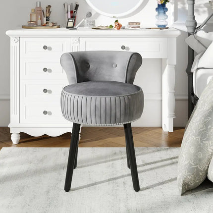 Velvet Vanity Chair with Back Upholstered Vanity Stool with Tufted Low Back and Solid Wood Legs-Gray - Gray - Makeup