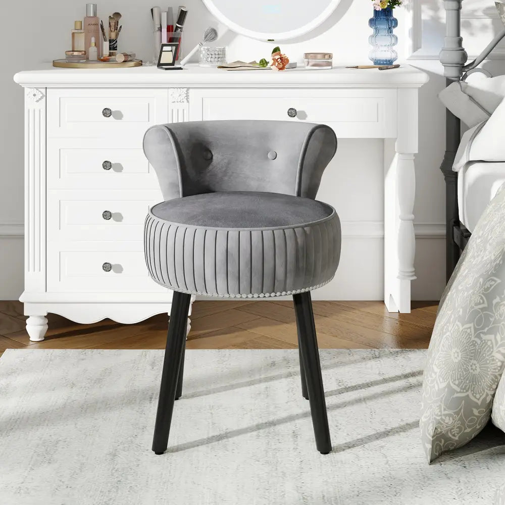 Velvet Vanity Chair with Back Upholstered Vanity Stool with Tufted Low Back and Solid Wood Legs-Gray - Gray - Makeup