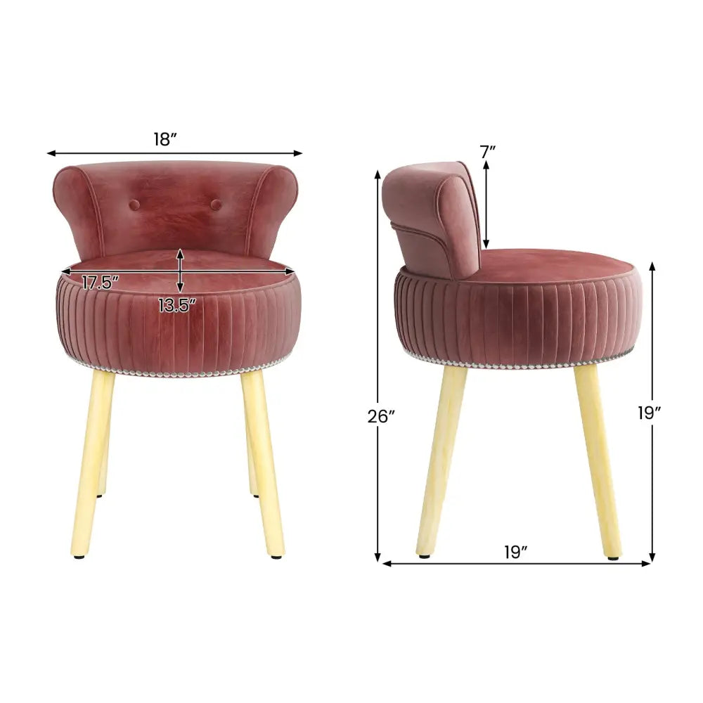 Velvet Vanity Chair with Back Upholstered Vanity Stool with Tufted Low Back and Solid Wood Legs-Pink - Pink - Makeup