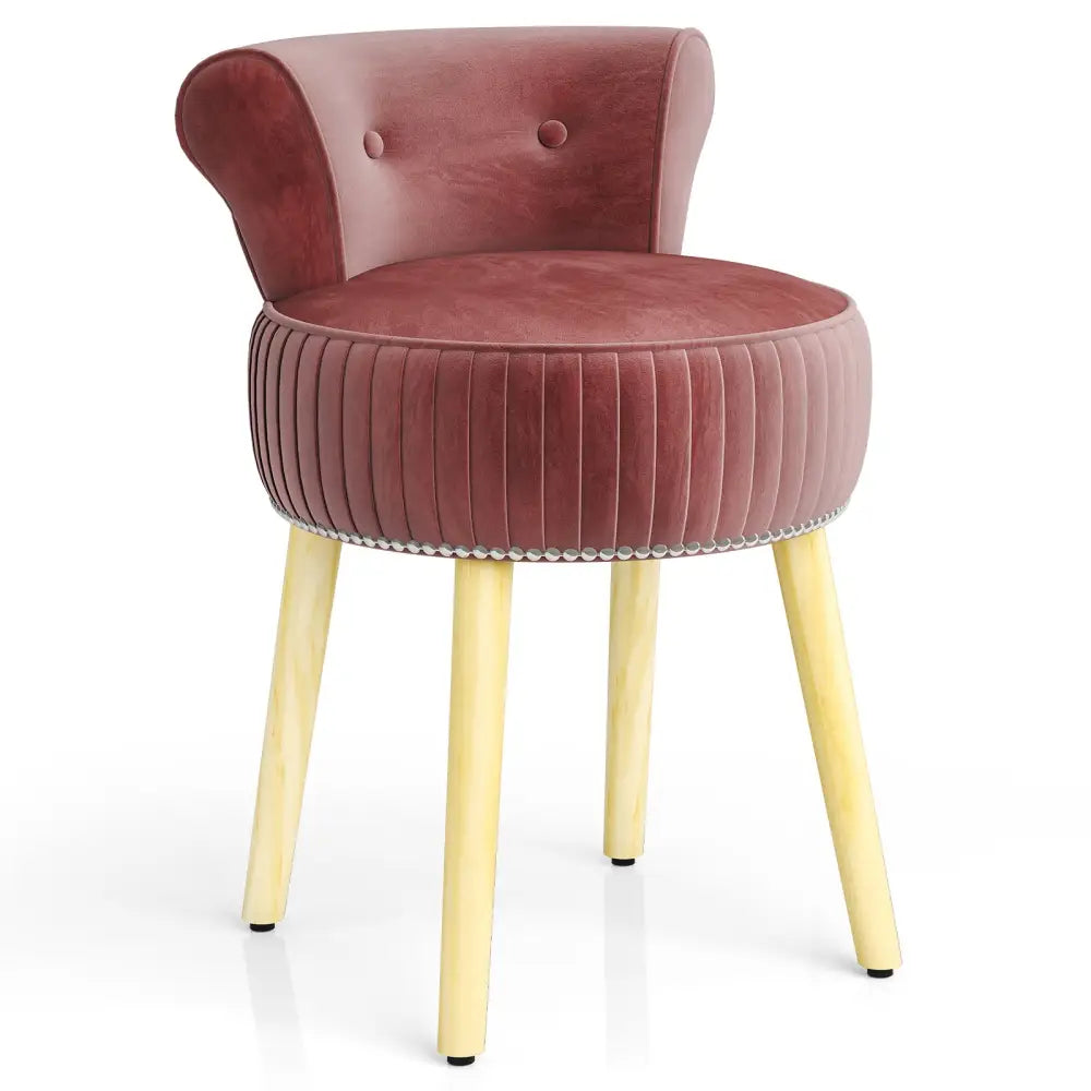Velvet Vanity Chair with Back Upholstered Vanity Stool with Tufted Low Back and Solid Wood Legs-Pink - Pink - Makeup