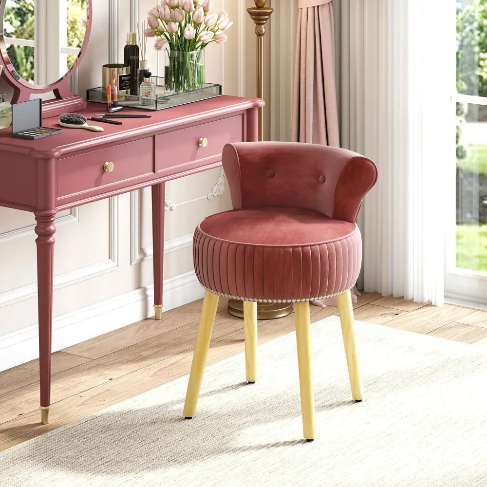 Velvet Vanity Chair with Back Upholstered Vanity Stool with Tufted Low Back and Solid Wood Legs-Pink - Pink - Makeup