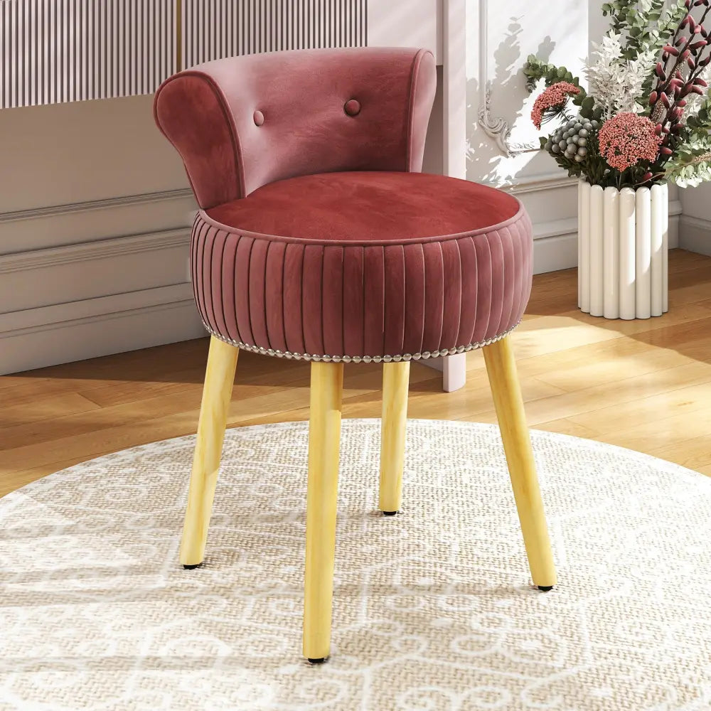 Velvet Vanity Chair with Back Upholstered Vanity Stool with Tufted Low Back and Solid Wood Legs-Pink - Pink - Makeup