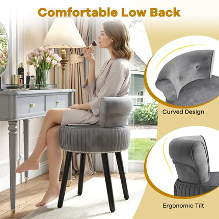 Velvet Vanity Chair with Back Upholstered Vanity Stool with Tufted Low Back and Solid Wood Legs-Gray - Gray - Makeup