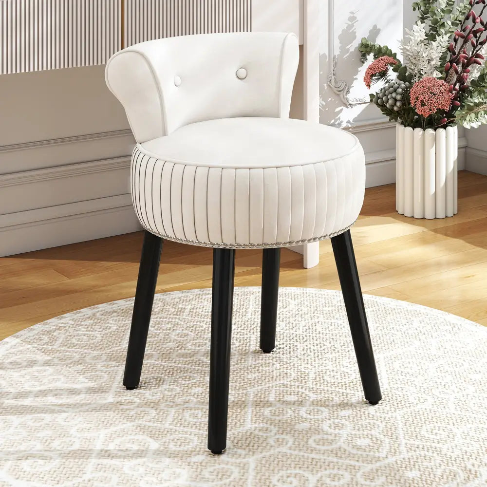 Velvet Vanity Chair with Back Upholstered Vanity Stool with Tufted Low Back and Solid Wood Legs-White - White - Makeup