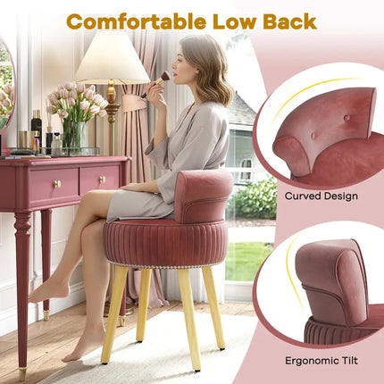 Velvet Vanity Chair with Back Upholstered Vanity Stool with Tufted Low Back and Solid Wood Legs-Pink - Pink - Makeup