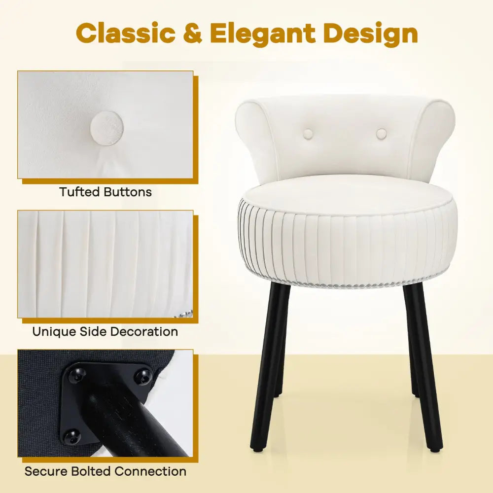 Velvet Vanity Chair with Back Upholstered Vanity Stool with Tufted Low Back and Solid Wood Legs-White - White - Makeup