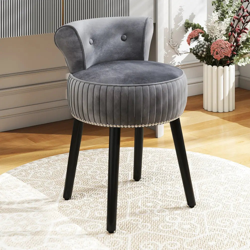 Velvet Vanity Chair with Back Upholstered Vanity Stool with Tufted Low Back and Solid Wood Legs-Gray - Gray - Makeup