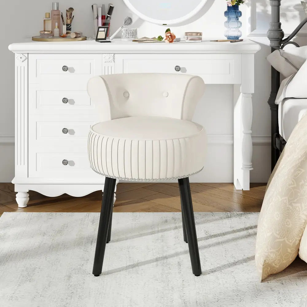 Velvet Vanity Chair with Back Upholstered Vanity Stool with Tufted Low Back and Solid Wood Legs-White - White - Makeup