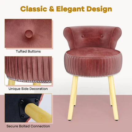 Velvet Vanity Chair with Back Upholstered Vanity Stool with Tufted Low Back and Solid Wood Legs-Pink - Pink - Makeup
