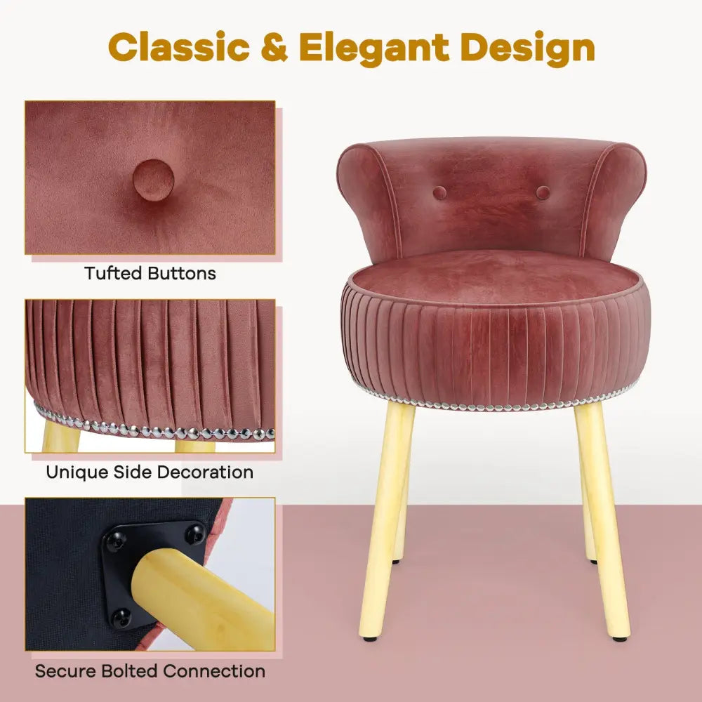 Velvet Vanity Chair with Back Upholstered Vanity Stool with Tufted Low Back and Solid Wood Legs-Pink - Pink - Makeup