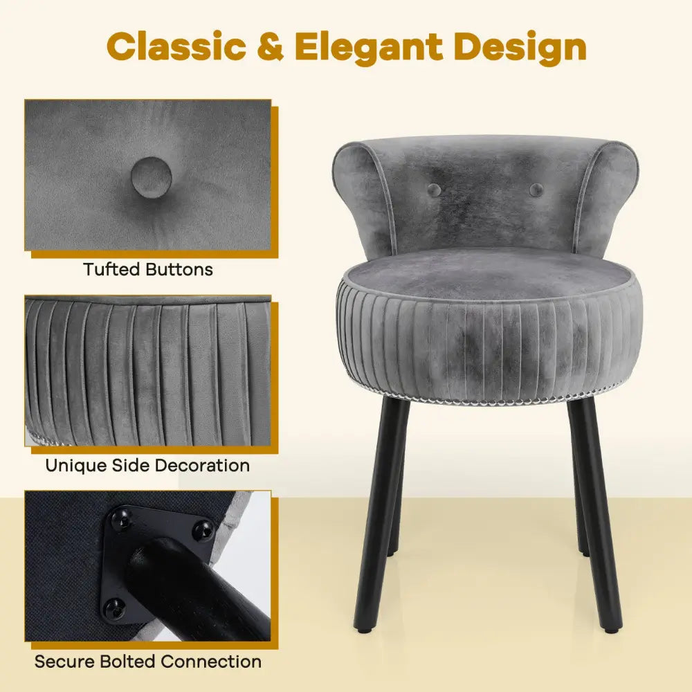 Velvet Vanity Chair with Back Upholstered Vanity Stool with Tufted Low Back and Solid Wood Legs-Gray - Gray - Makeup