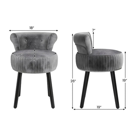 Velvet Vanity Chair with Back Upholstered Vanity Stool with Tufted Low Back and Solid Wood Legs-Gray - Gray - Makeup