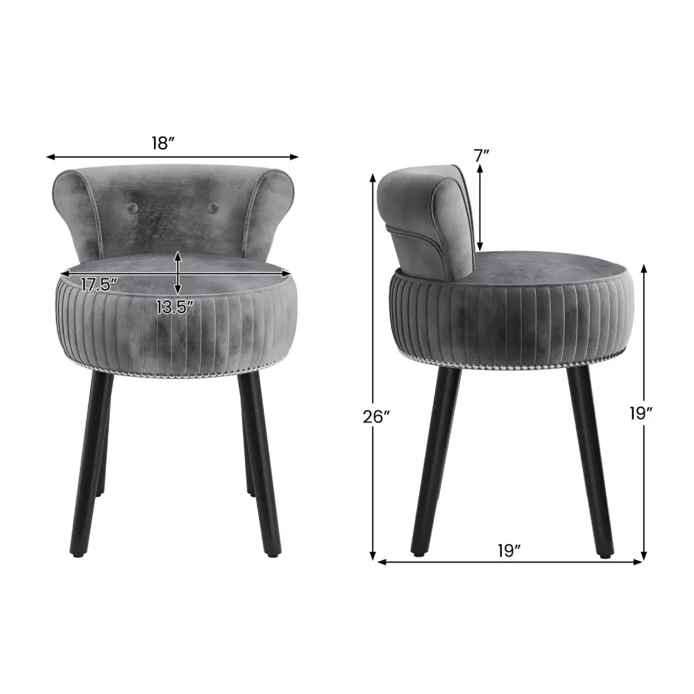 Velvet Vanity Chair with Back Upholstered Vanity Stool with Tufted Low Back and Solid Wood Legs-Gray - Gray - Makeup