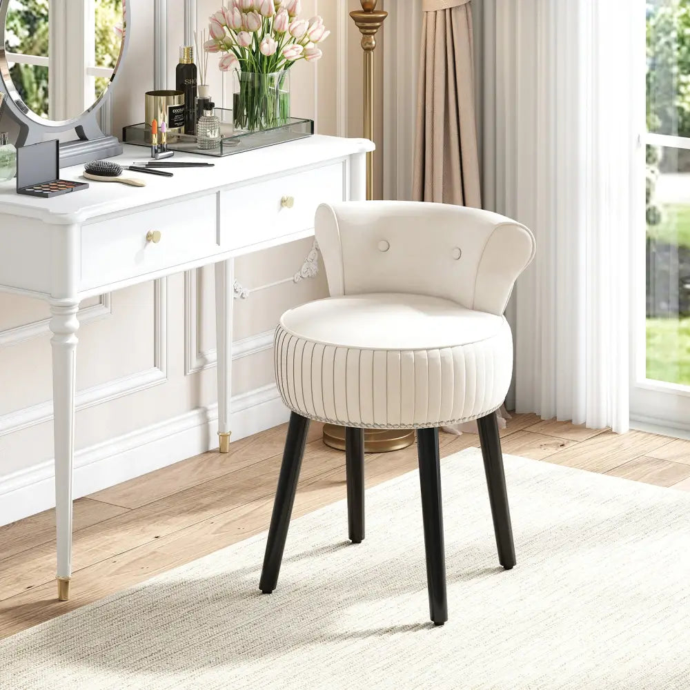 Velvet Vanity Chair with Back Upholstered Vanity Stool with Tufted Low Back and Solid Wood Legs-White - White - Makeup