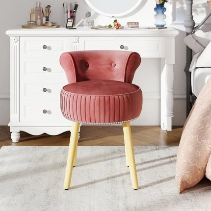 Velvet Vanity Chair with Back Upholstered Vanity Stool with Tufted Low Back and Solid Wood Legs-Pink - Pink - Makeup