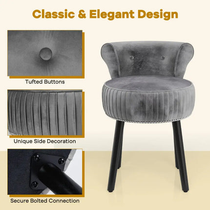 Velvet Vanity Chair with Back Upholstered Vanity Stool with Tufted Low Back and Solid Wood Legs-Gray - Gray - Makeup