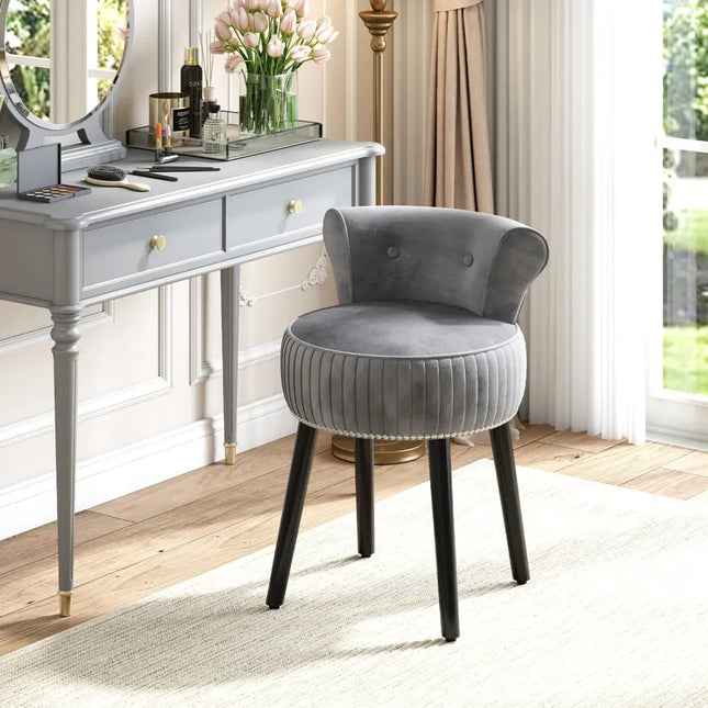 Velvet Vanity Chair with Back Upholstered Vanity Stool with Tufted Low Back and Solid Wood Legs-Gray - Gray - Makeup