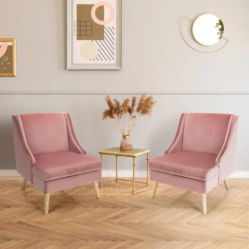 Velvet Wing Back Accent Chair with Rubber Wood Legs and Padded Seat for Living Room-Pink - Pink - Accent Chairs
