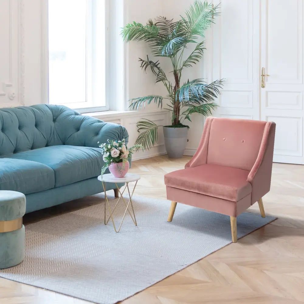 Velvet Wing Back Accent Chair with Rubber Wood Legs and Padded Seat for Living Room-Pink - Pink - Accent Chairs