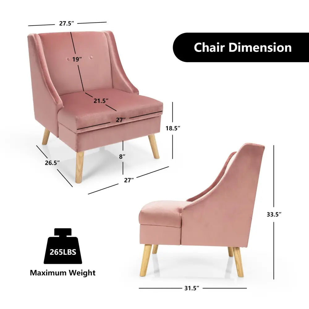 Velvet Wing Back Accent Chair with Rubber Wood Legs and Padded Seat for Living Room-Pink - Pink - Accent Chairs