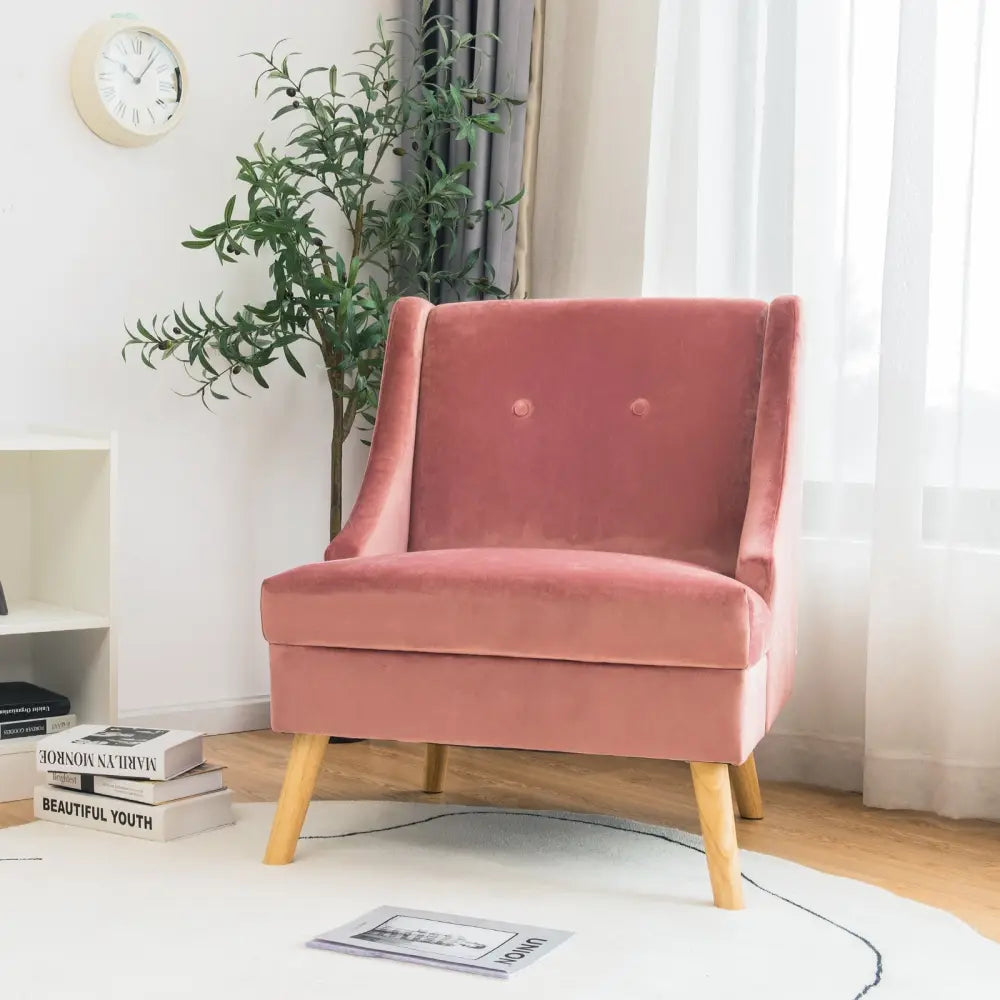 Velvet Wing Back Accent Chair with Rubber Wood Legs and Padded Seat for Living Room-Pink - Pink - Accent Chairs