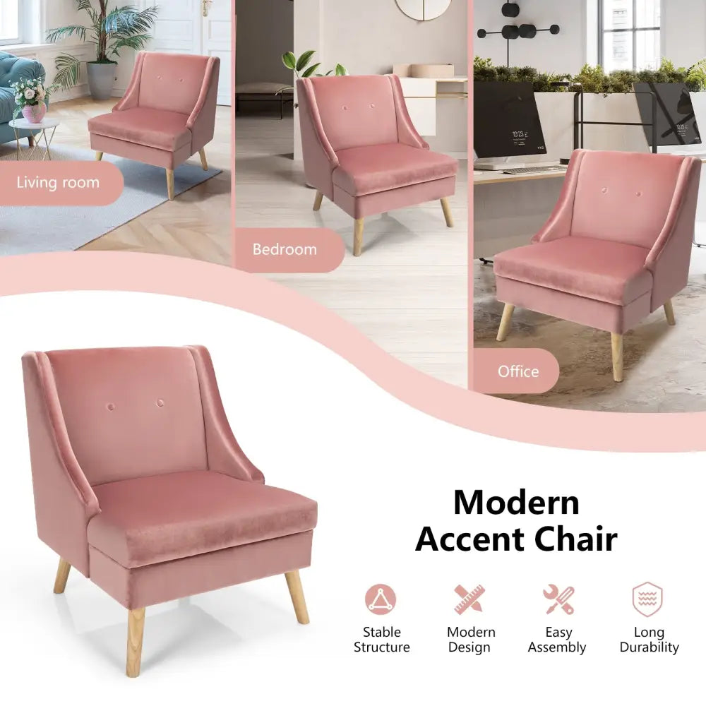 Velvet Wing Back Accent Chair with Rubber Wood Legs and Padded Seat for Living Room-Pink - Pink - Accent Chairs