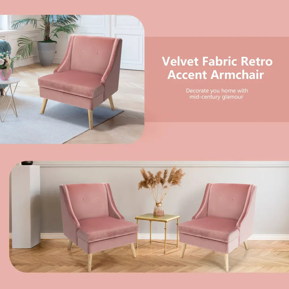 Velvet Wing Back Accent Chair with Rubber Wood Legs and Padded Seat for Living Room-Pink - Pink - Accent Chairs
