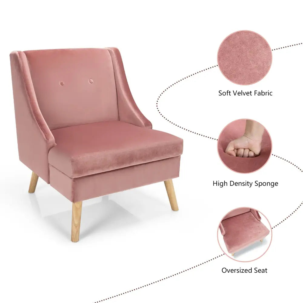 Velvet Wing Back Accent Chair with Rubber Wood Legs and Padded Seat for Living Room-Pink - Pink - Accent Chairs